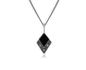 Art Deco Style Cabochon Black Onyx & Marcasite Pendant in 925 Sterling Silver