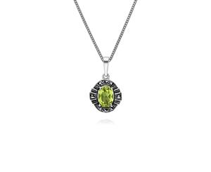 Art Deco Style Oval Peridot & Marcasite Halo Pendant in 925 Sterling Silver