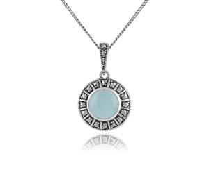 Art Deco Style Round Milky Aquamarine Cabochon & Marcasite Pendant in 925 Sterling Silver