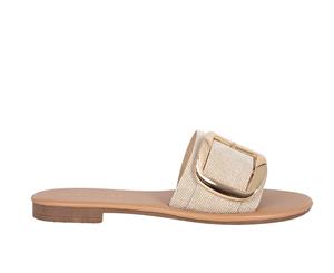 Athens Wildfire Womens Casual Flat Sandal Slide Buckle Trim - Natural Linen