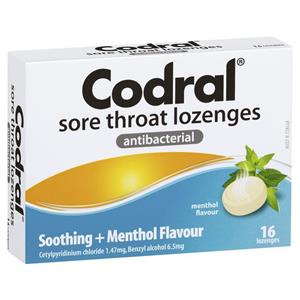 Codral Sore Throat Lozenges Antibacterial Menthol 16 Pack