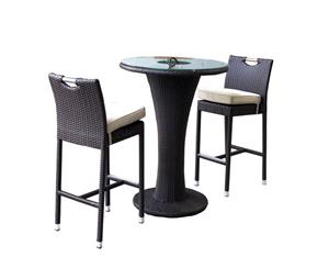 Corona Bar 2 Seater Round Outdoor Wicker And Glass Top Bar Garden Setting - Outdoor Wicker Bar Settings - Charcoal Wicker with Denim