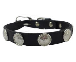 Dog Collar Leather Designer Handcrafted Silver Conchos+3 Pc Silver Buckle 35.5Cm - Black