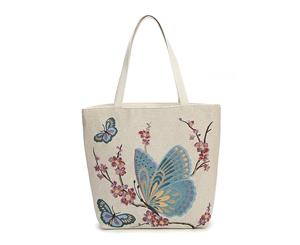 Embroidered Plum Blossom Canvas Tote Bag - Blue