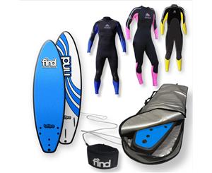 FIND 6Ɔ" TuffPro Thruster BLUE Soft Surfboard Softboard + Cover + Leash + Wetsuit Package - Blue