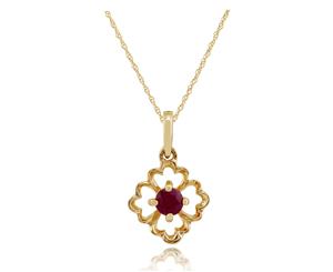 Floral Round Ruby Pendant in 9ct Yellow Gold