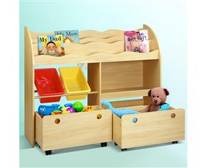 Keezi Kids Bookcase Childrens Bookshelf Toy Storage Box Organizer Display Rack Drawers with Rollers