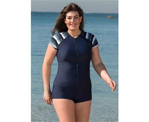 LaSculpte Women's Full Zip Front Short Sleeve Swimwear Rash Guard Top UPF 50+ Colour Block Ocean Stripe Printed Swim Shirts - Navy/Blue Stripe Print