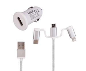 Laser 2.4A Car Charger with 3 in 1 Charging Cable White