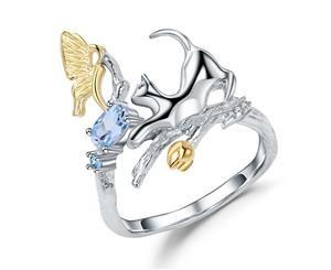 Olivia Yip - Cute Cat And Flying Elephant Play In Blue Gems Women's Ring