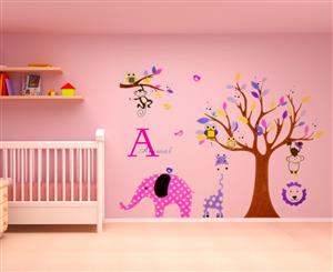 Pink Elephant Purple Giraffe Lion & Tree Wall Decal