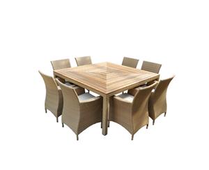 Sahara 8 Seater Square Outdoor Teak And Wicker Patio Dining Setting - Outdoor Wicker Dining Settings - Wheat with Cream cushions