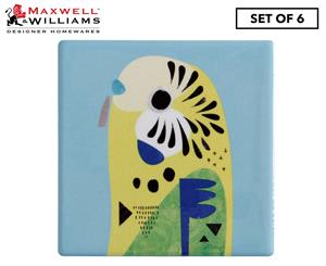 Set of 6 Maxwell & Williams Pete Cromer Ceramic Square Tile Drink Coasters - Budgerigar