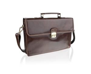 Woodland Leather Sleek Brown Satchel Briefcase 15.0" Front Flap Adjustable Shoulder Strap