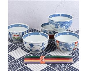 5 Pcs Ceramic 13cm Floral Blue Dinner Bowl Set Dining Kitchen Dinnerware Japan