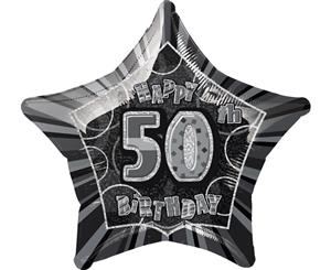 50cm Glitz Black And Silver 50th Birthday Star Foil Balloon Packaged