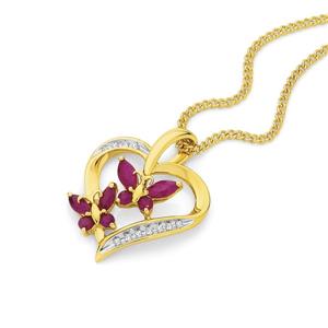 9ct Gold Natural Ruby & Diamond Butterfly Heart Pendant