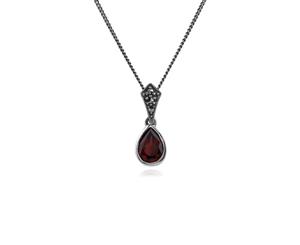 Art Deco Style Oval Pear Garnet & Marcasite Pendant in 925 Sterling Silver