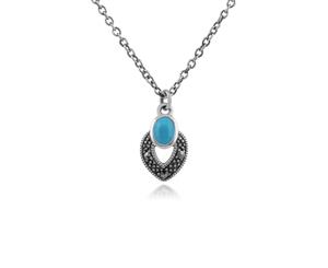 Art Deco Style Oval Turquoise & Marcasite Necklace in 925 Sterling Silver