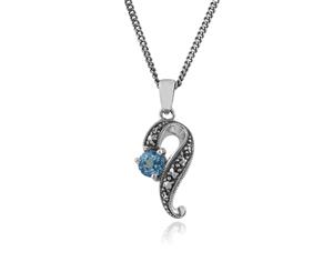 Art Nouveau Style Round Blue Topaz & Marcasite Swirl Pendant in 925 Sterling Silver