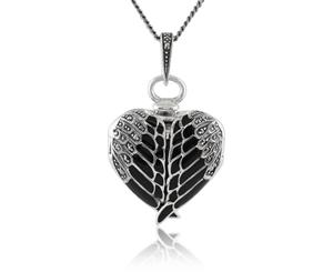 Art Nouveau Style Round Marcasite & Black Enamel Angel Wing Heart Locket on Chain in 925 Sterling Silver