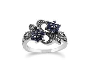 Art Nouveau Style Round Sapphire & Marcasite Flower Ring in 925 Sterling Silver