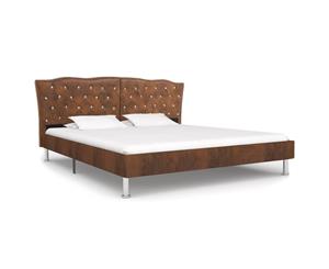 Bed Frame Brown Fabric Queen Size Upholstered Bedroom Base Furniture