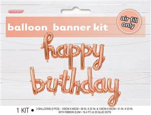 Happy Birthday Rose Gold Balloon Banner With Ribbon