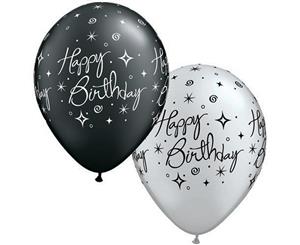 Qualatex Elegant Sparkles & Swirls Happy Birthday Balloons (Pack Of 25) (Black/Silver) - SG9580