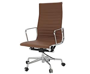 Replica Eames High Back Ribbed Leather Executive Desk / Office Chair - Solid Brown