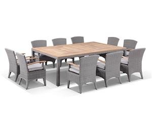 Sahara 10 Seat Outdoor Teak Top Dining Table And Kai Wicker Chairs Setting - Outdoor Wicker Dining Settings - Brushed Grey and Olefin Grey