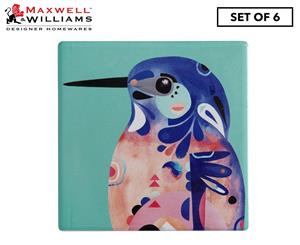 Set of 6 Maxwell & Williams Pete Cromer Ceramic Square Tile Drink Coasters - Azure Kingfisher