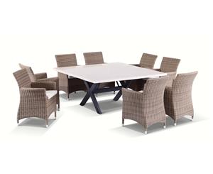 Sicillian 8 Seater Square Stone Dining Table And Chairs In Half Round Wicker - Outdoor Stone Dining Settings - Brushed Wheat Cream cushions