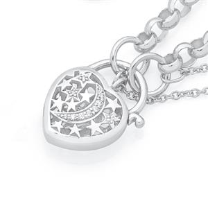 Silver CZ Moon & Stars Padlock Bracelet