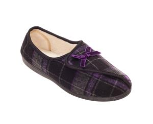 Slumberzzz Womens/Ladies Brushed Velour Checked Slippers (Checked Purple) - SL744