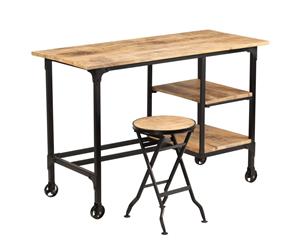 Solid Mango Wood Desk with Folding Stool 2 Shelves Writing Workstation