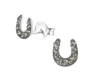 Sterling Silver Kids Black Diamond Horseshoe Stud earrrings made with Swarovski Crystal