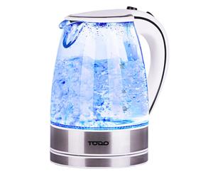 TODO 1.7L Glass Cordless Kettle 2200W Blue Led Light Electric Water Jug White