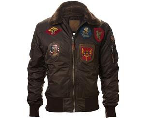 Top Gun Official B 15 Mens Flight Bomber Jacket with Patches Brown - Brown