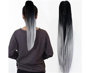 Two Tone Ombre High Grade Silver Gray Straight Clip On Pony Tail 24" Hair Clamp