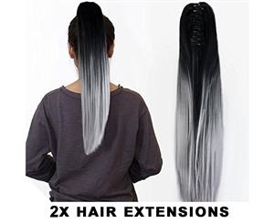 2Pcs Two Tone Ombre High Grade Silver Gray Straight Clip On Pony Tail 24" Hair Clamp11 2X