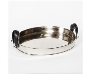 ALBERT Hand Etched Oval Serving Tray - Nickel with Black Leather Handles
