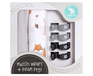 All4Ella 2 Pack Muslin Wraps & 4 Pack Pram Pegs Gift Set - Forest Grey