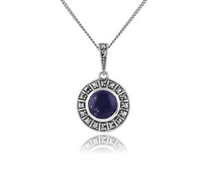 Art Deco Style Round Lapis Lazuli Cabochon & Marcasite Pendant in 925 Sterling Silver