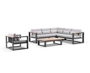 Balmoral Package B Outdoor Aluminium And Teak Lounge Setting With Coffee Table - Outdoor Aluminium Lounges - Charcoal/Olefin Grey cushion