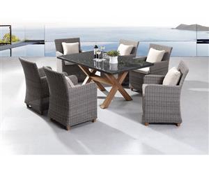 Blue Stone 6 Seater Granite Stone Top And Wicker Chairs Dining Alfresco Set - Outdoor Stone Dining Settings - Brushed Grey and latte cushion