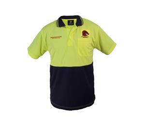 Brisbane Broncos NRL Short Sleeve HI VIS Polo Work Shirt Yellow Navy