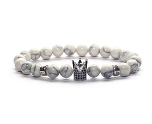 Decked-Up Men's Beads Bracelet - White Beads with Silver Studded Crown Charm