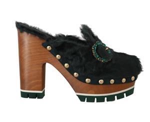 Dolce & Gabbana Black Green Xiangao Fur Crystal Mules