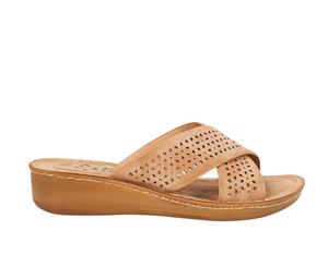 Search Exist Womens low wedge slide crossover straps Spendless - Tan